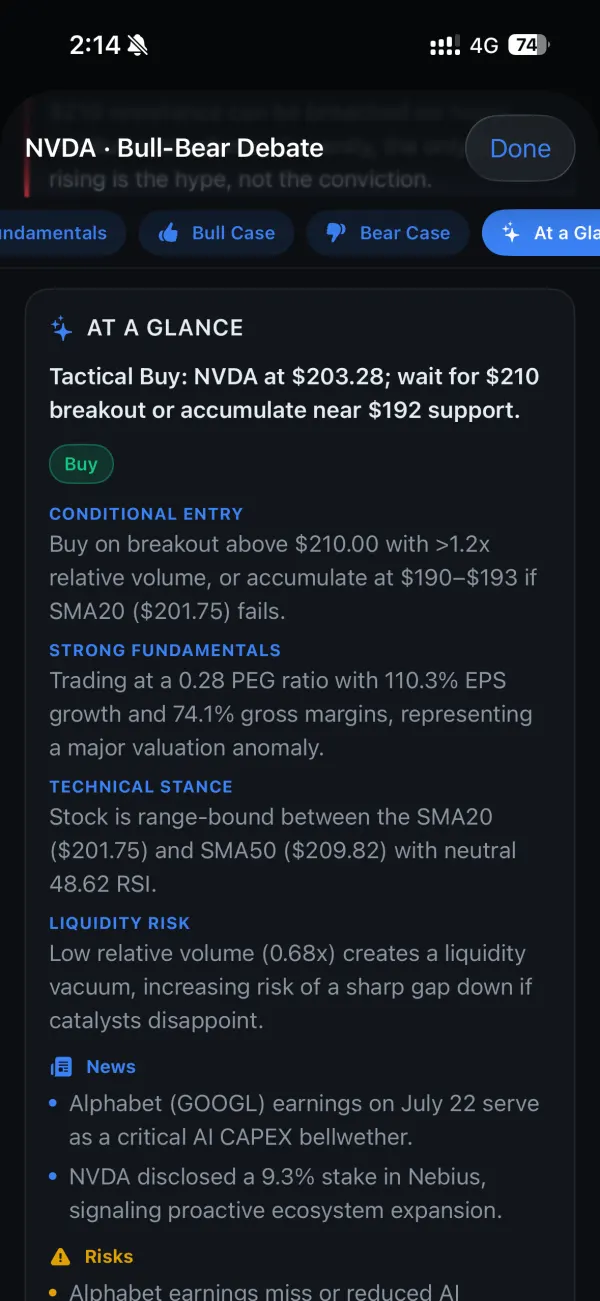 Bull-bear debate screen with an at-a-glance tactical buy summary, conditional entry, fundamentals, technical stance and liquidity risk