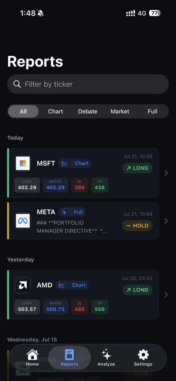Reports screen listing saved MSFT, META and AMD analyses with long and hold ratings