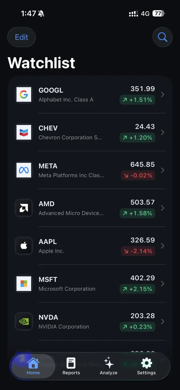MyTradAI watchlist screen showing live prices for GOOGL, CHEV, META, AMD, AAPL, MSFT and NVDA